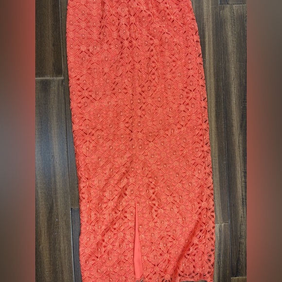 size S Orange Lace Dress Full Length Sleeveless Halter V Neck Fitted - Picture 11 of 13
